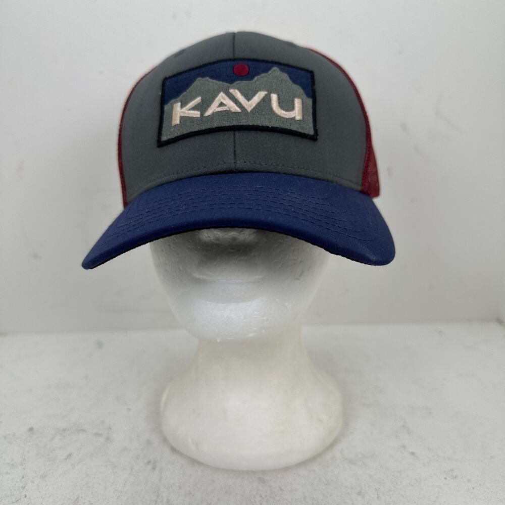KAVU Logo Patch Trucker Hat Adjustable Snapback Cap Navy Maroon Gray - Picture 2 of 9